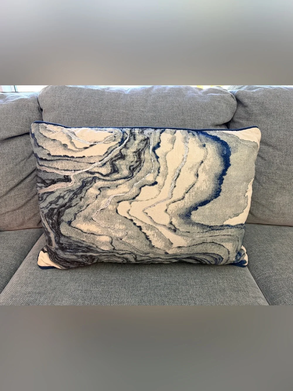 World Market Navy Blue Marbled Velvet Lumbar Pillow 24x16